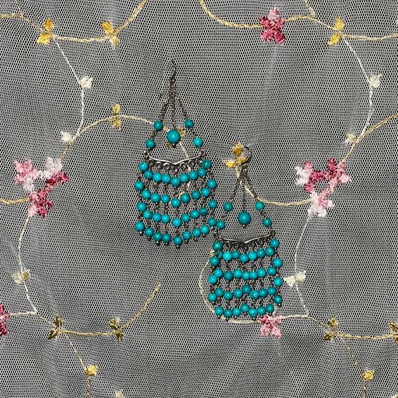 Sterling Silver Earrings, Chandelier Style, Turquoise Type Beads - Picture 3 of 4